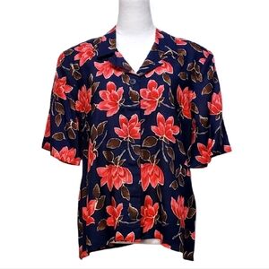 Prophecy Vintage Floral Short Sleeve Button-Down Navy Blue Pink Flowers Size 16
